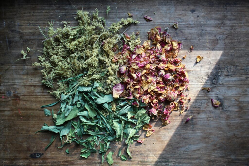 Tisane de plantes médicinales avec fleurs séchées et feuilles dans un bol en bois, symbole de la phytothérapie naturelle.