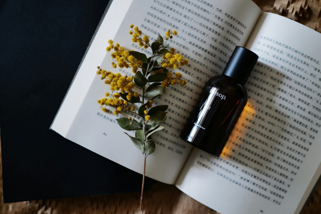 Flacon d’huile essentielle, plantes médicinales séchées et objets de bien-être symbolisant l’aromathérapie, la phytothérapie et la naturopathie.